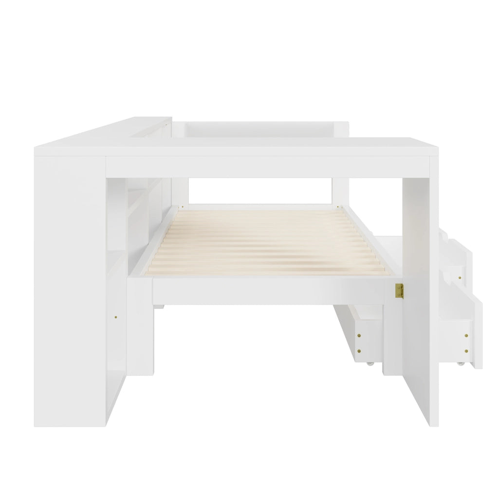 Letto piattaforma 90x200 cm con 2 cassetti; ripiani; prese USB e LED; bianco