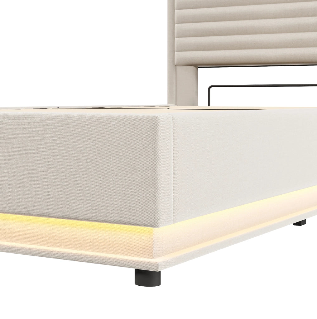 Letto imbottito 90x200 cm con vano contenitore idraulico, LED, USB e USB-C in lino beige