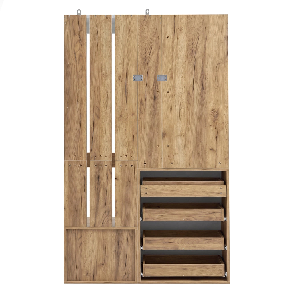 Mobile ingresso con specchio, 4 cassetti, anta e ganci per corridoio, truciolare bianco naturale, 100 × 35 × 180 cm