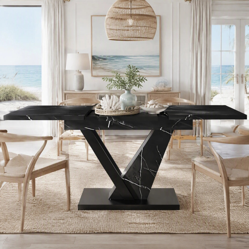 Tavolo da pranzo allungabile 120-160x75 cm, piano effetto marmo nero, MDF e metallo, 4-6 posti