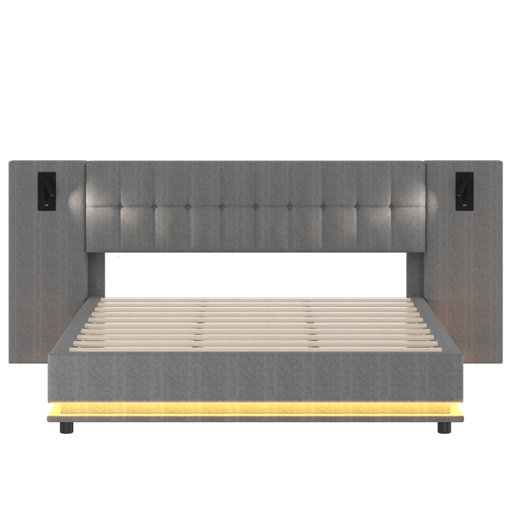 Letto imbottito 180x200 cm in lino grigio con striscia LED, testiera con spot e porta USB, senza materasso