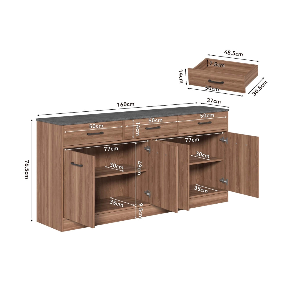 Mobile da cucina ULEVR con 3 cassetti e ripiani regolabili, finitura noce e piano effetto cemento