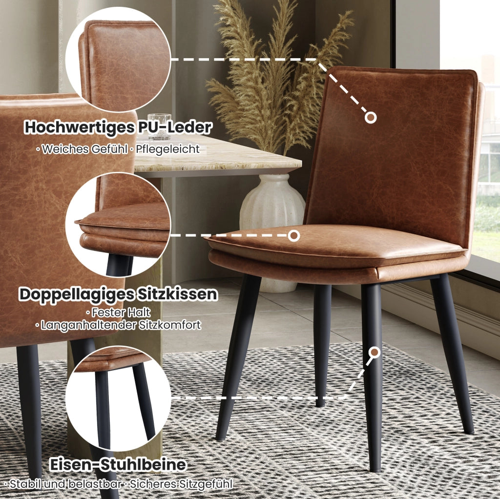 Set di 6 Sedie da Pranzo Moderne in PU con Cuscino Doppio Strato, Metallo, Marrone