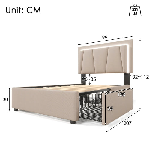 Letto singolo imbottito beige 90x200 cm con LED e materasso