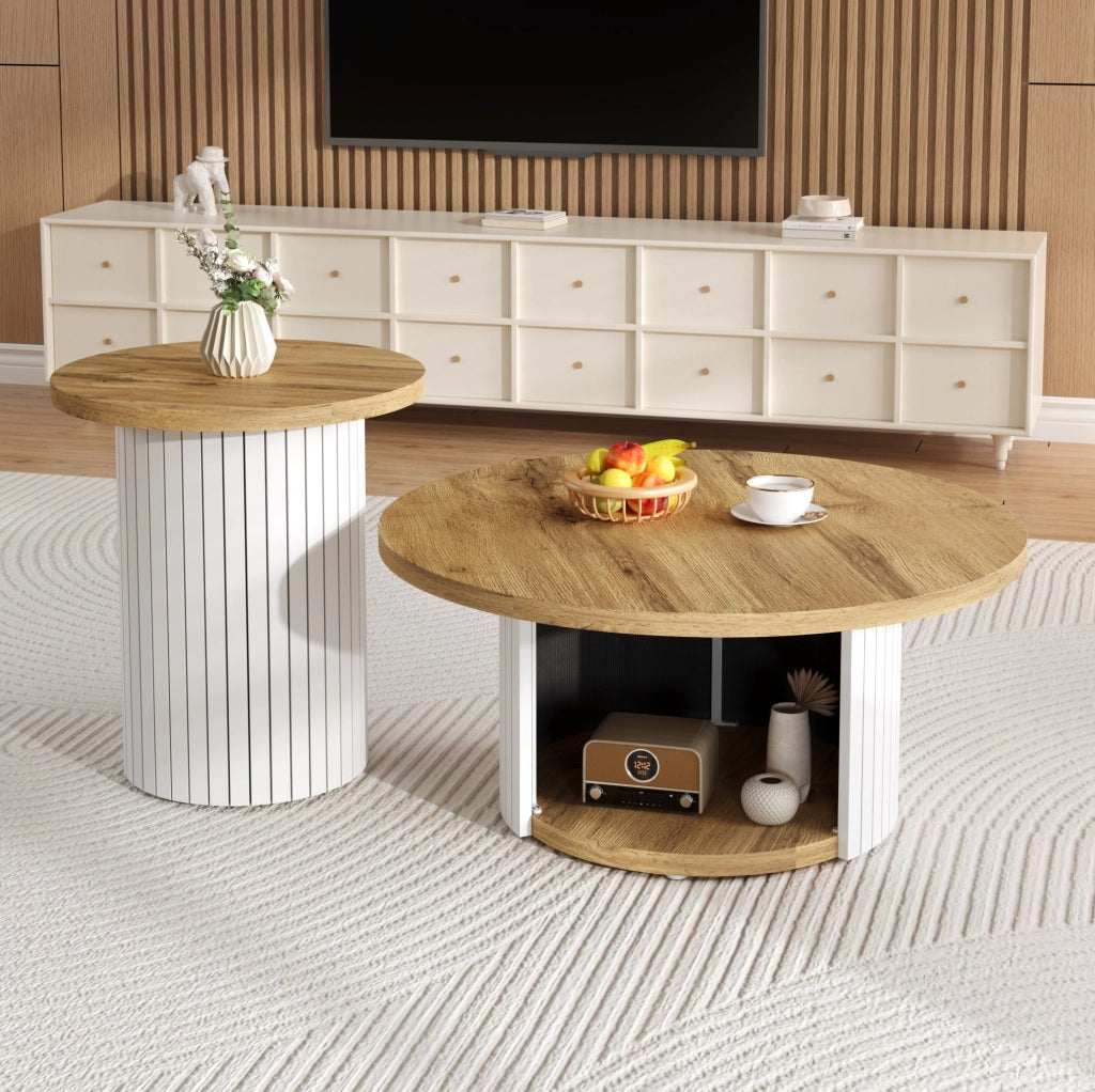 Set di 2 tavolini da caff¨¨ rotondi in MDF naturale con ripiani