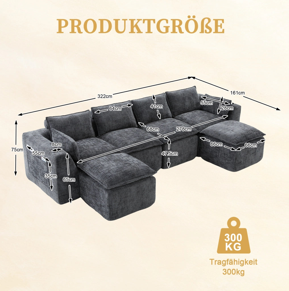 Divano modulare 4 posti in tessuto chenille grigio con schiuma e molle, 2 pouf, cuscini, portabicchieri e 2 tasche laterali