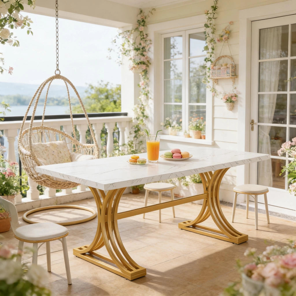 Tavolo da pranzo per 4-6 persone con piano in marmo artificiale e gambe in metallo, bianco e oro, 160 × 80 cm