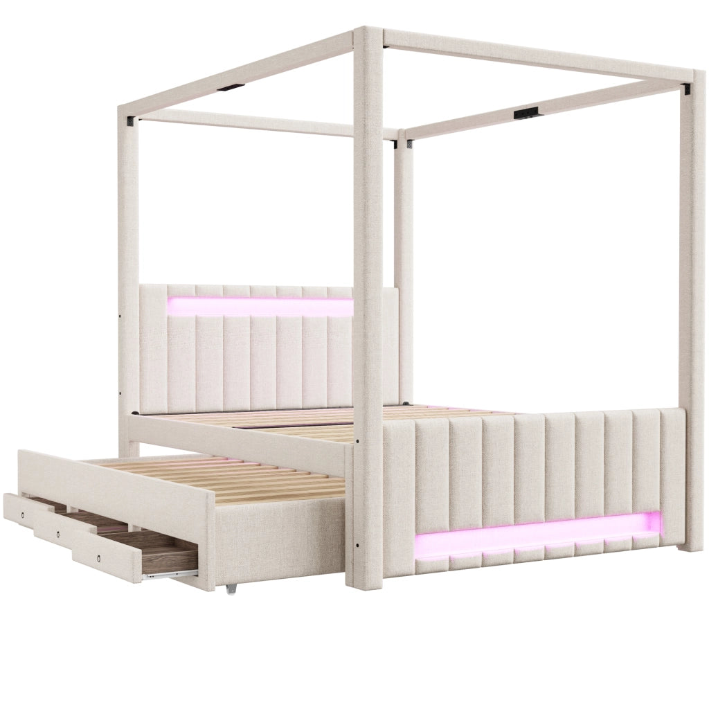 Letto a baldacchino imbottito 140x200 cm per adulti con letto estraibile; LED e 3 cassetti; lino beige