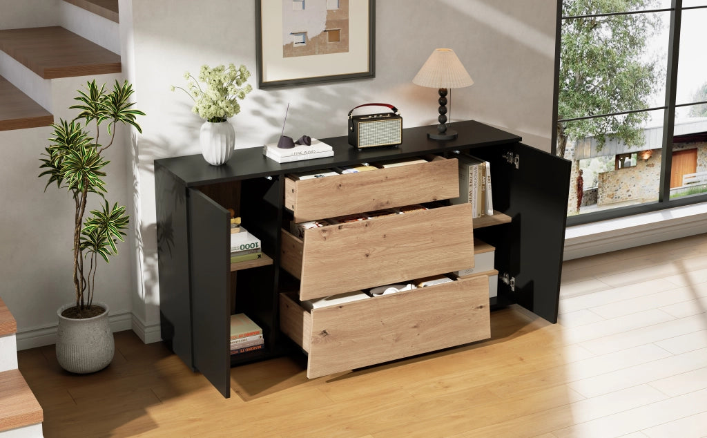 Credenza moderna 140 cm mobile buffet nero e legno con cassetti e ante