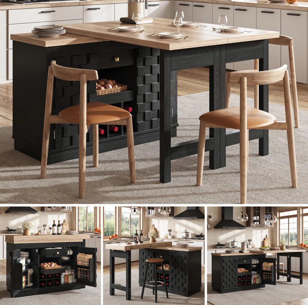 Isola cucina e mobile laterale girevole 360° 120-197cm con ante patchwork, ripiano portabottiglie estraibile e cassetti, rovere chiaro/nero