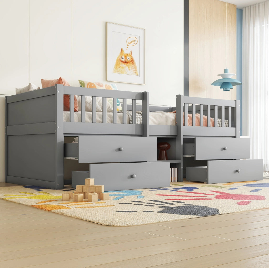 Letto a mezza altezza in pino e MDF 90x200 cm con 4 cassetti, sponda di sicurezza e scala, colore grigio