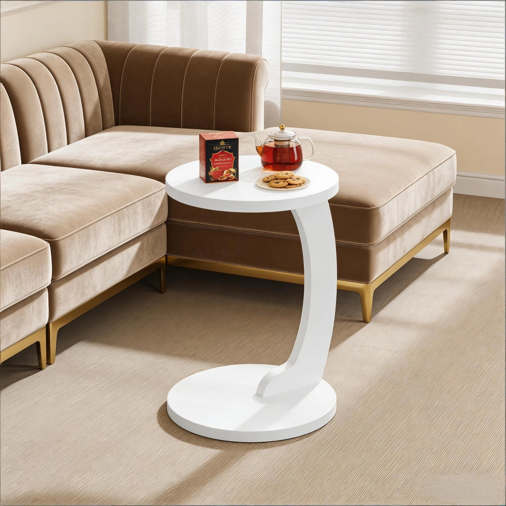 Tavolino da divano rotondo a C in MDF bianco con ripiano sospeso per soggiorno e camera da letto 38 × 55 cm