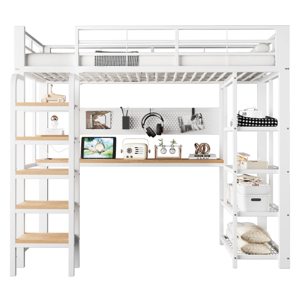 Letto a soppalco in metallo con pannello forato, scrivania, LED e scala, 90x200 cm, bianco