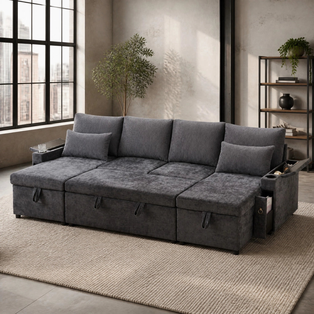 Divano letto modulare a U 4 posti con portabicchieri e contenitore; grigio