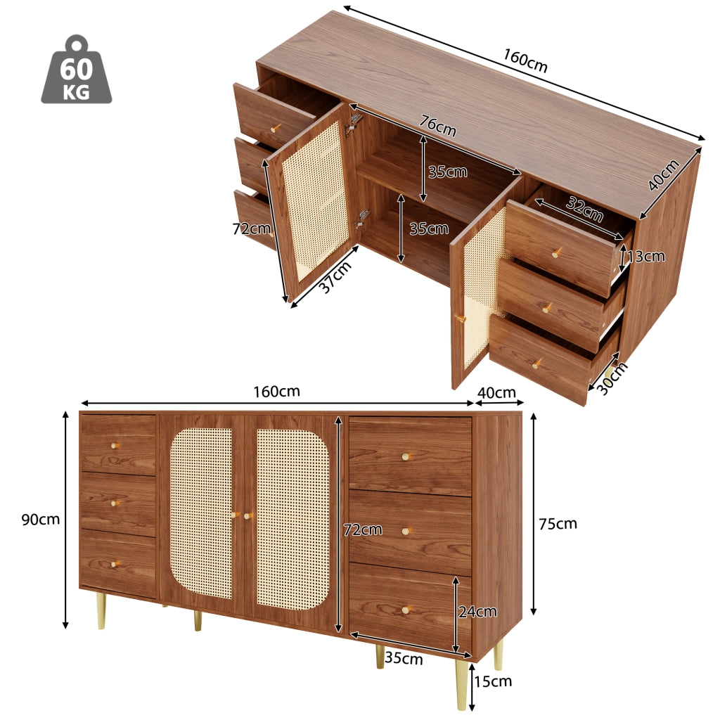 Madia per soggiorno con sei cassetti e due ante in MDF con porte in rattan color legno 160 × 40 × 90 cm