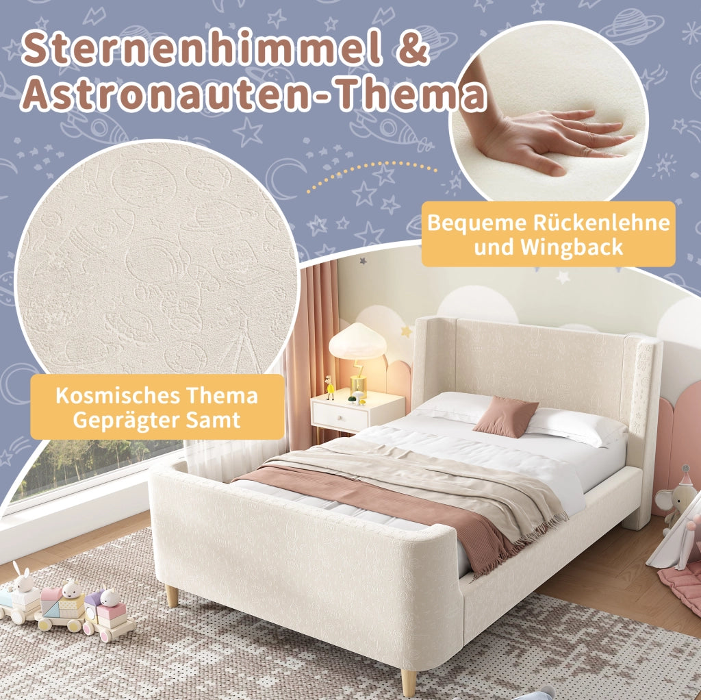 Letto a slitta per bambini 90x200 cm in velluto beige con motivo spaziale; rete a doghe