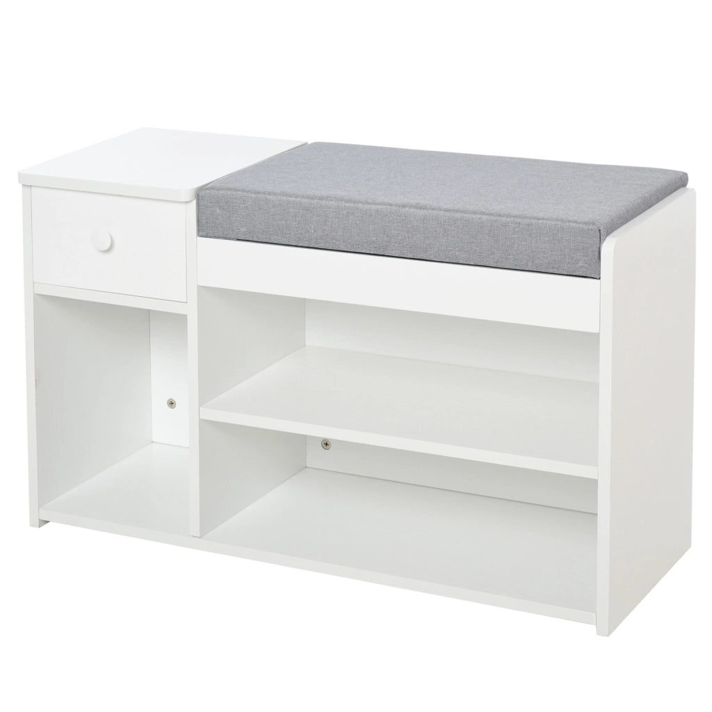 EasyComfort Panca Scarpiera con Cuscino, Cassetto e 3 Vani Aperti in Legno, 81x31.5x49cm, Bianco