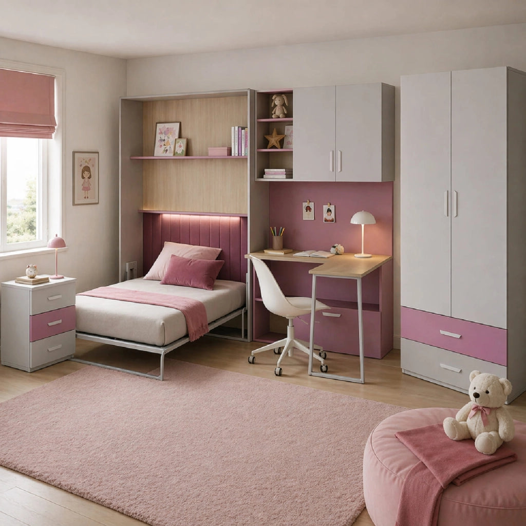 Cameretta Completa Con Letto A Scomparsa Scrivania Armadio Cassettiera Salvaspazio In Melaminico Per Camera Bambini Ragazzi Stanza Ospiti 133 X 208.5 X 45-216 Cm Cashmere E Rosa