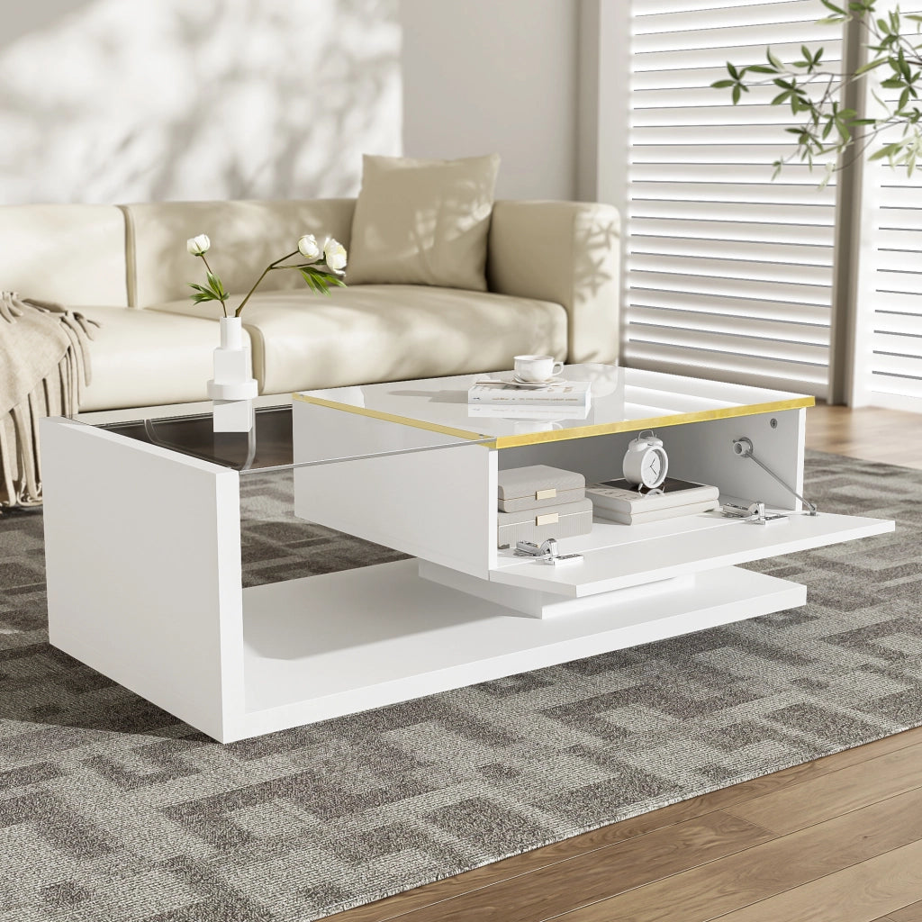 Tavolino basso fisso con vano contenitore e ripiani aperti vetro LED dimmerabile bianco 100 × 50 × 32.5 cm