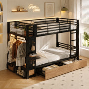 Letto a castello 90x200 cm con LED; cassetti e vano appendiabiti in metallo e MDF nero