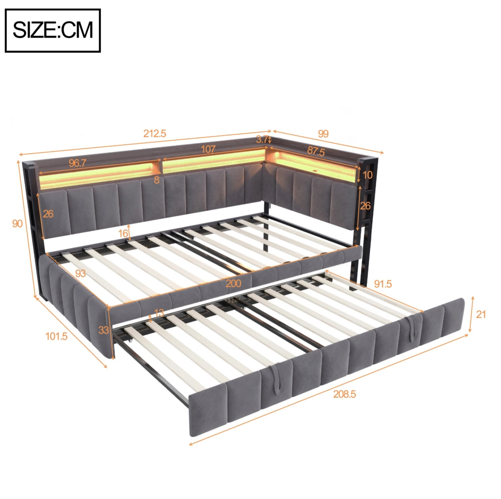 LETTO Divano Estraibile 90x200 cm Velluto Grigio Scuro con LED e USB-C
