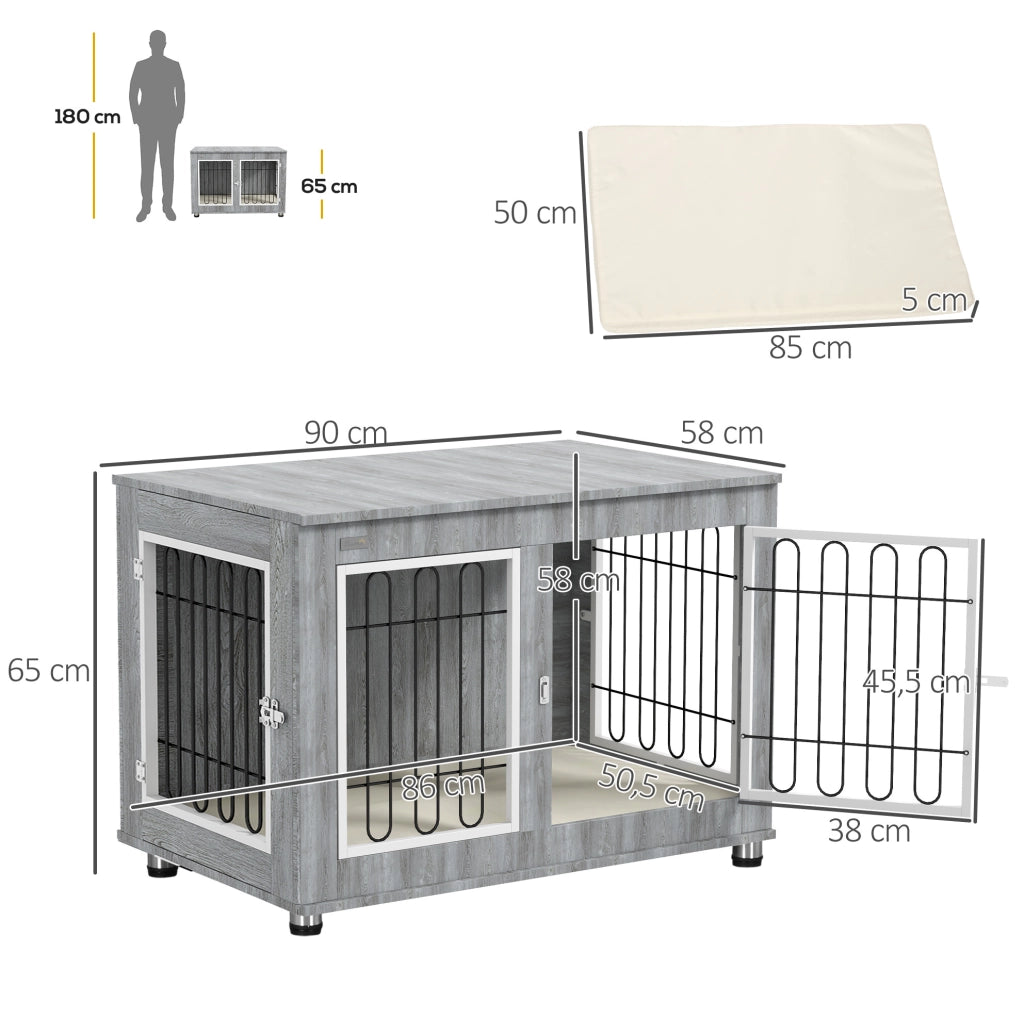 Gabbia per cani ULEVR 90x58x65 cm con 2 porte, cuscino lavabile e piedini regolabili, grigio