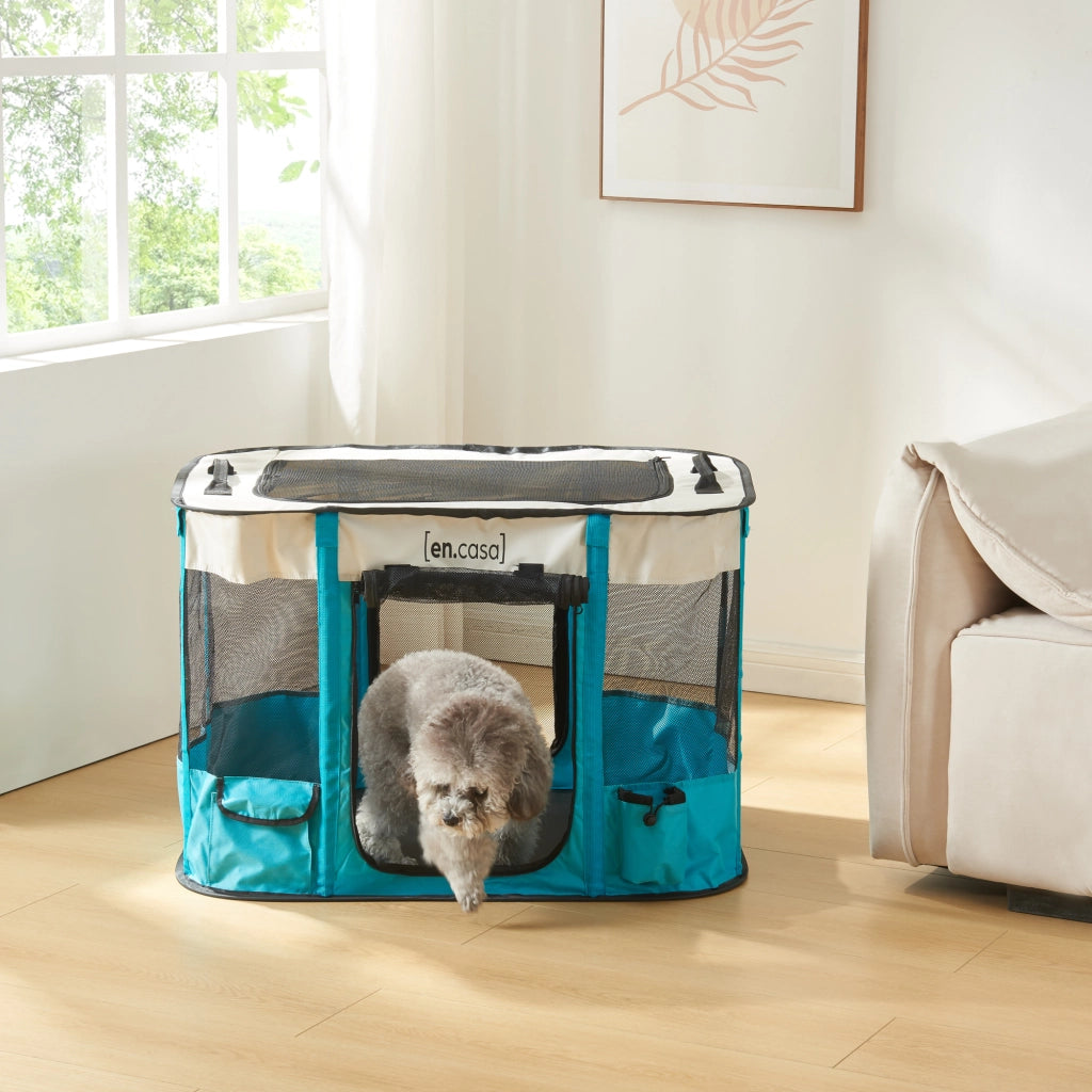 Kennel Pieghevole Mörbylånga Rifugio Portatile per Cani e Gatti 90 x 70 x 60 cm Blu / Beige [en.casa]
