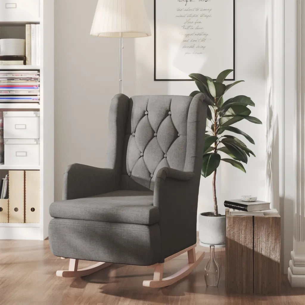 Poltrona Gambe a Dondolo | Sedia Relax Legno di Hevea Grigio Scuro in Tessuto