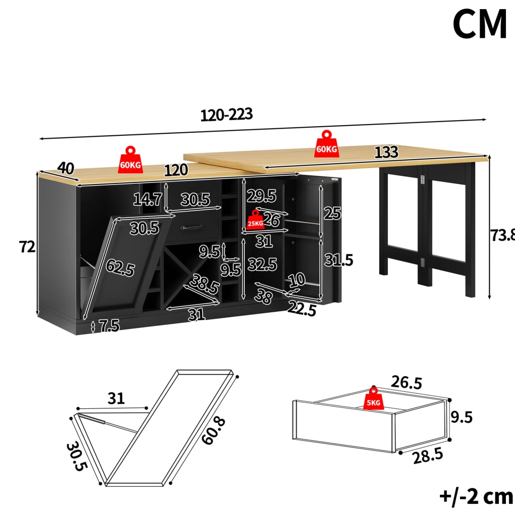 Isola cucina girevole 360° con spazio contenitivo, porta bottiglie estraibile e supporto per bidone 120–223 cm, bianco o nero