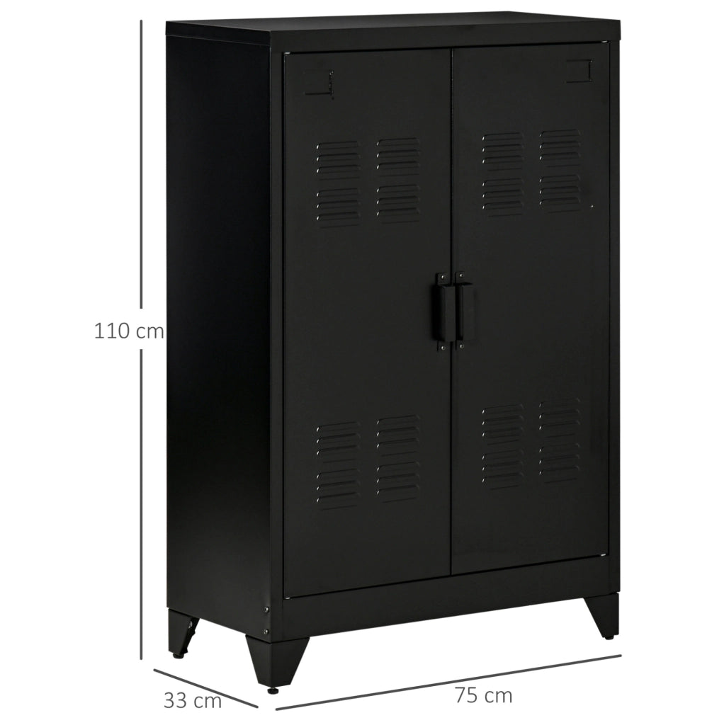 Armadio contenitore in metallo nero con ante a lamelle e 2 ripiani regolabili; 75x33x110 cm