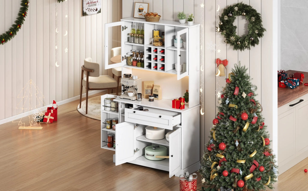 Armadio da cucina alto 180x105x40 cm con porta, ripiano spezie integrato, mensole regolabili, illuminazione LED a cambio colore e presa elettrica