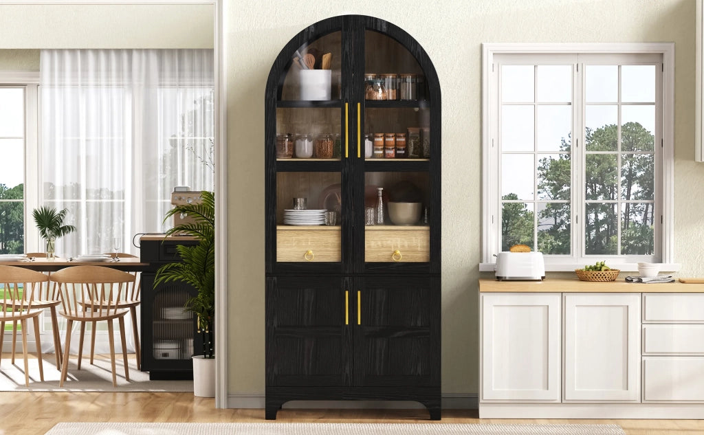Highboard nero con ripiani regolabili, cassetto e ante in vetro rigato, ampio spazio contenitore per cucina, sala da pranzo e soggiorno