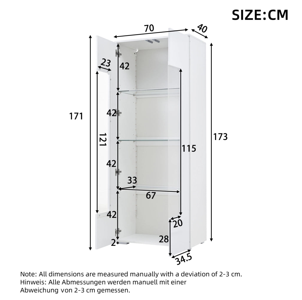 Vetrina alta 70x40x173 cm in MDF bianca, 2 ante e LED salvaspazio