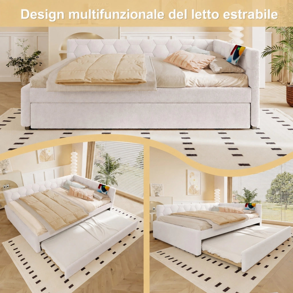 Letto rosa 140x200 cm con rete a doghe e letto estraibile; lampada; USB e Type C; velluto e MDF