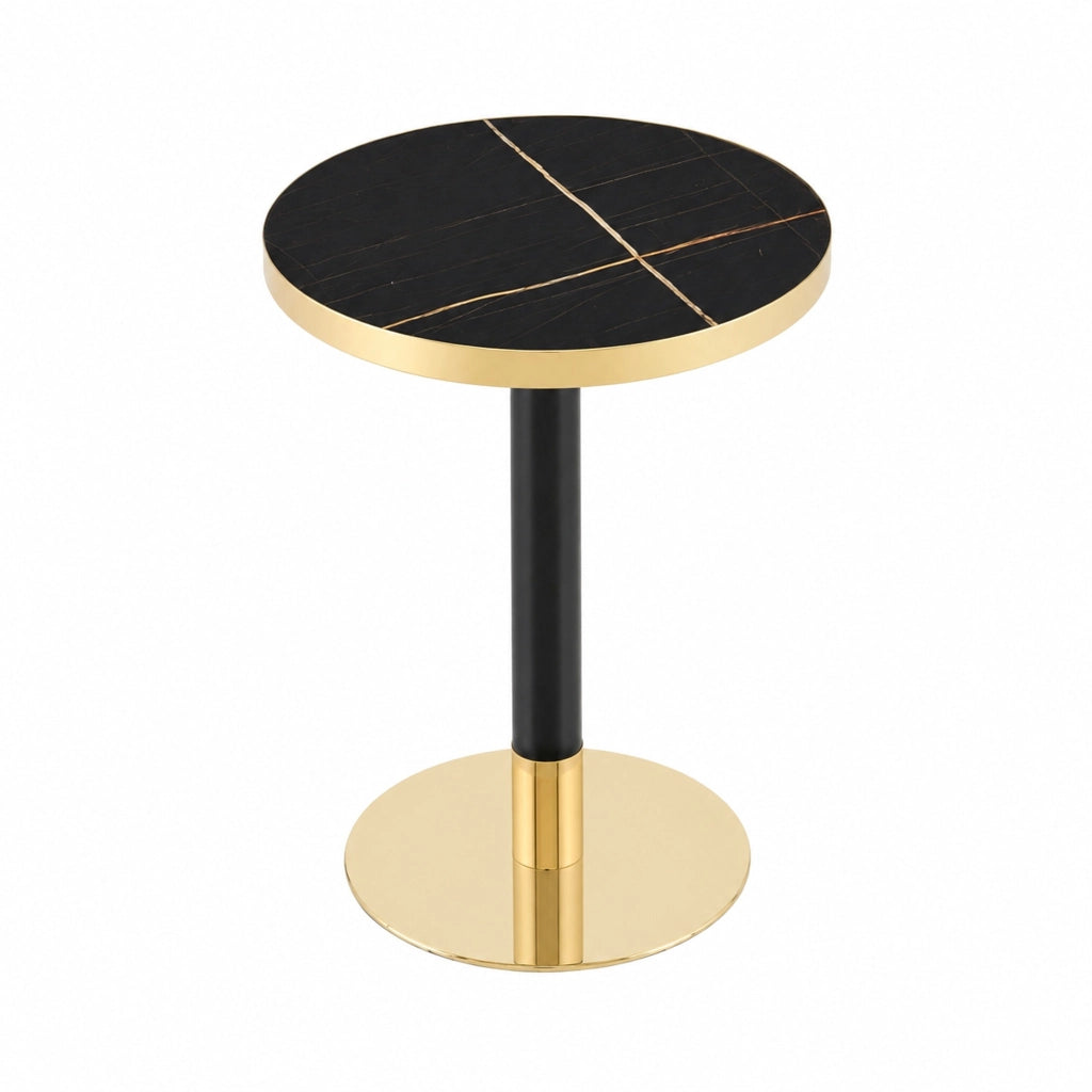 Tavolo da pranzo rotondo con base stabile e bordo dorato, piano effetto marmo nero in MDF e metallo, diametro 60 cm
