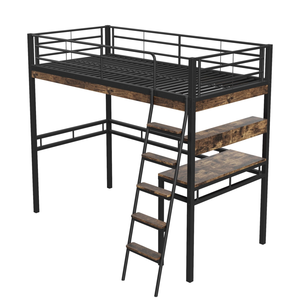 Letto a soppalco 90x200 cm con scrivania e ripiani in metallo e MDF nero