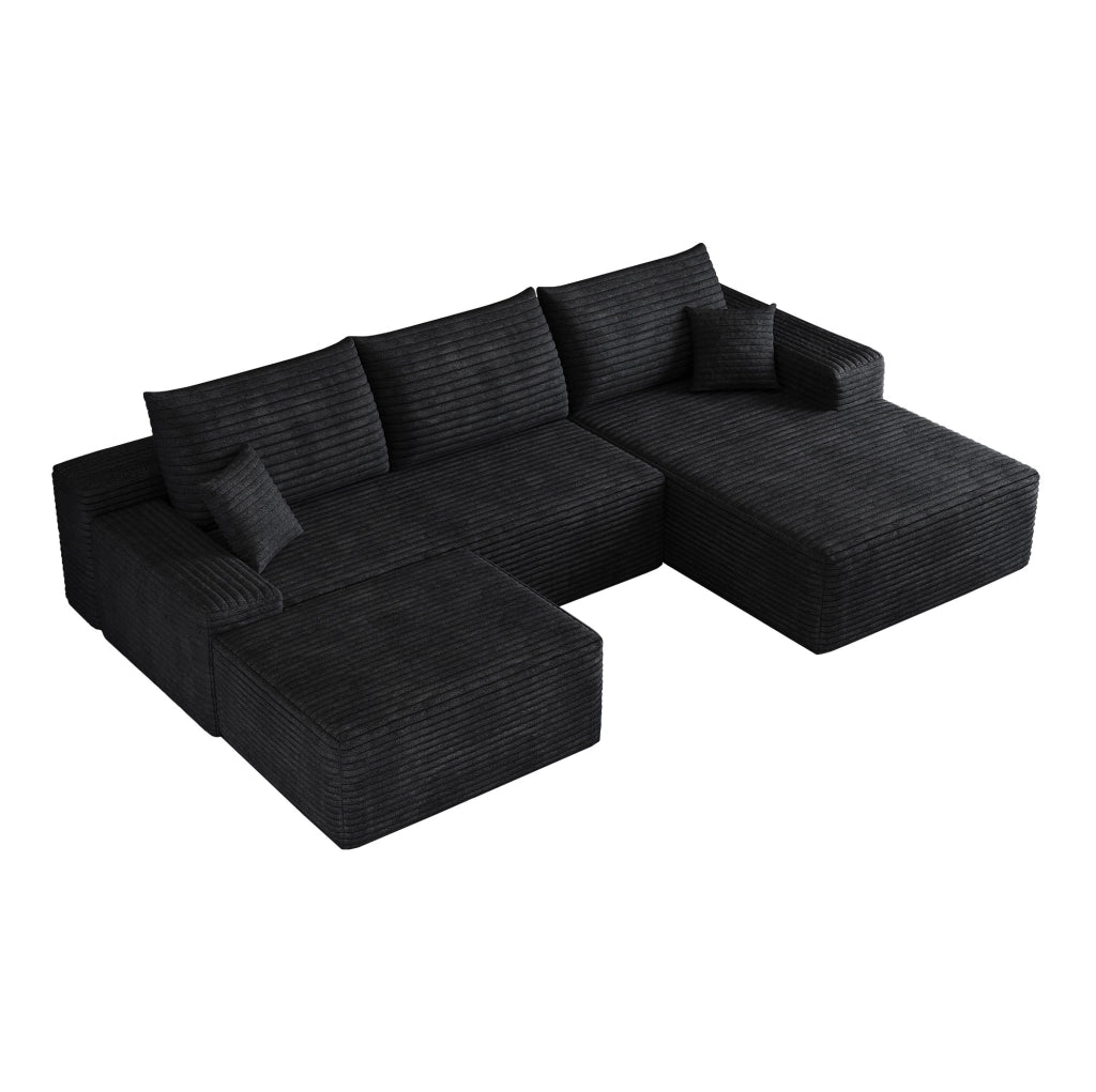 Divano modulare angolare da 270 cm con chaise longue a L in velluto a coste nero, senza montaggio