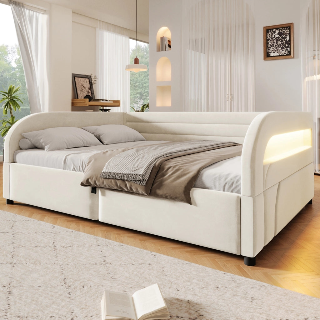 Letto Contenitore Imbottito 140x200 cm con Sollevamento Idraulico; LED; Beige