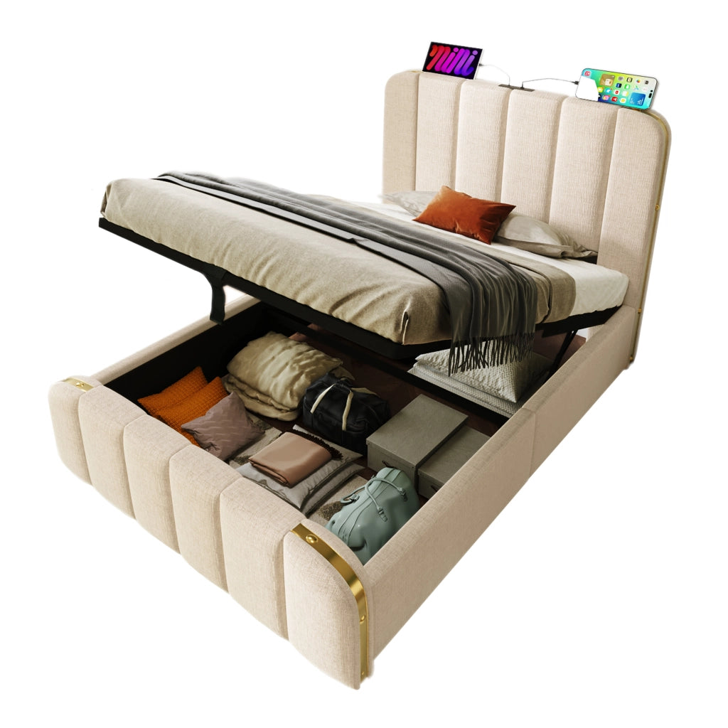 Letto singolo imbottito 90x200 cm con materasso, USB e vano contenitore idraulico