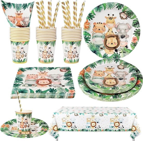 Festivi per il compleanno dei bambini tema giungla - 101 pezzi di set di servizio piatti, piatti, bicchieri, cucchiai, tovaglioli - per 20 ospiti.