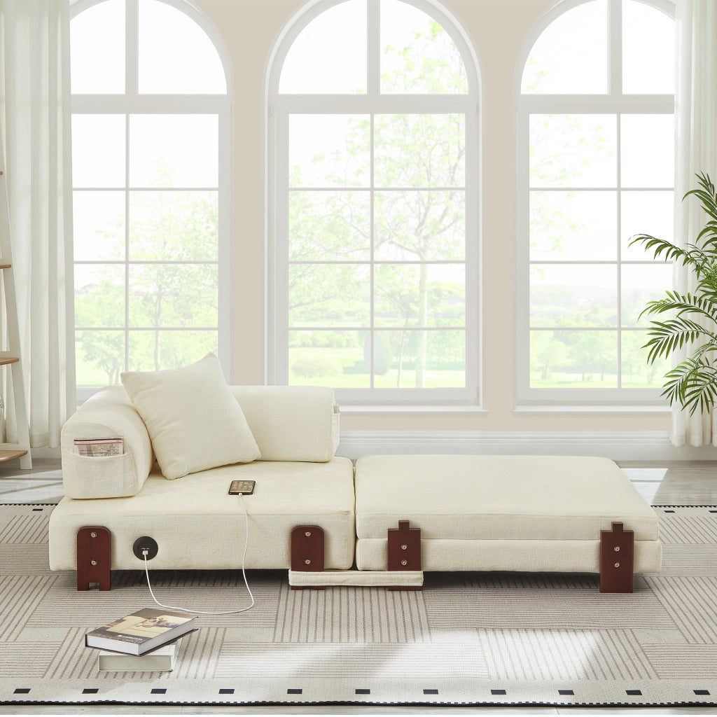 Divano letto pieghevole con contenitore; porte USB e tipo C; tasche laterali e cuscino in tessuto beige