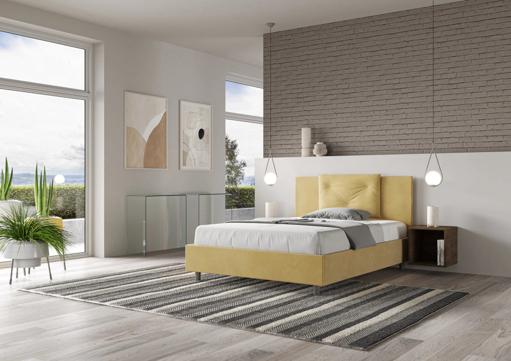BS COM Letto queen size con rete imbottito 150x190 microfibra ocra