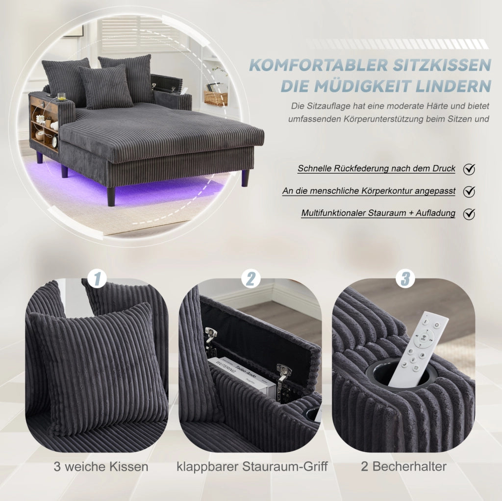 Chaise longue multifunzionale in velluto a coste con grande superficie reclinabile, porta bevande su entrambi i lati, illuminazione LED, tasca laterale, spazio contenitivo e porta USB, gambe in plastica resistenti