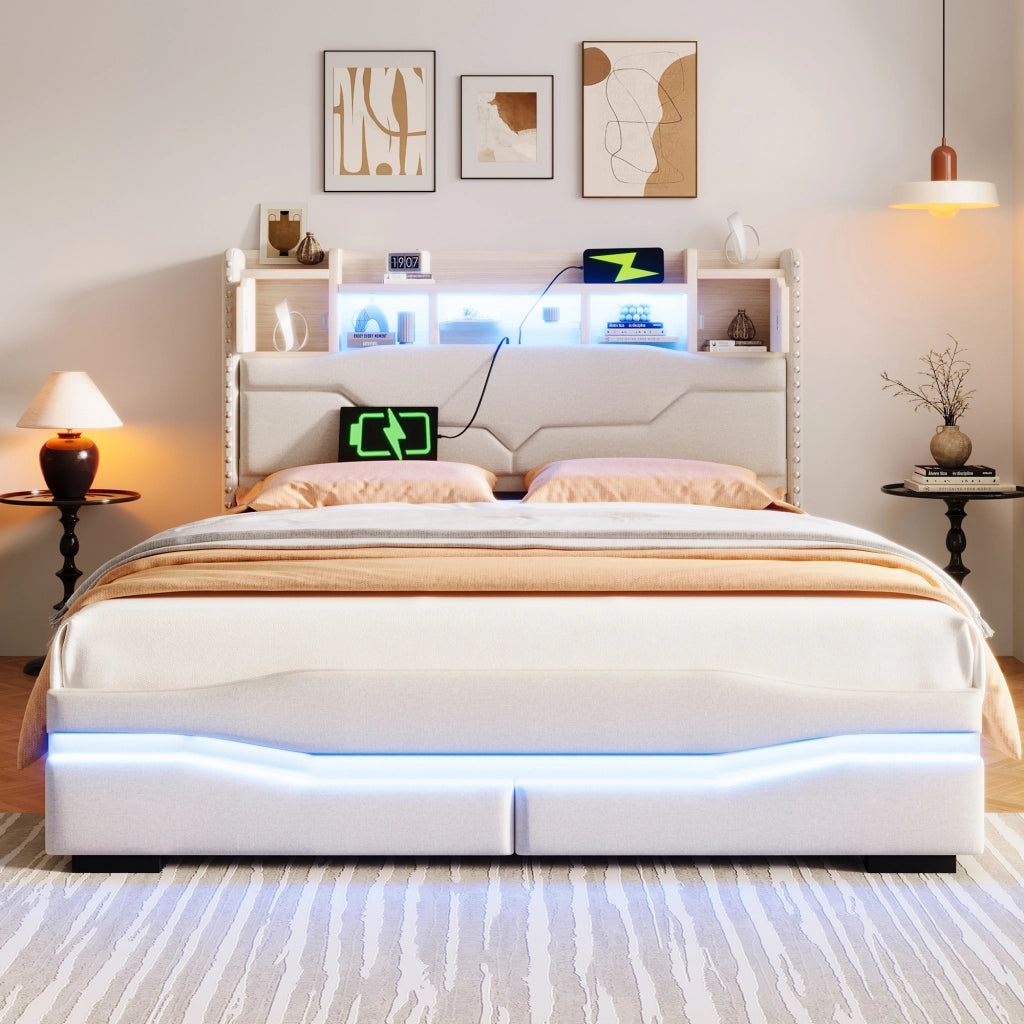 Letto contenitore 140 × 200 cm con sollevamento idraulico; testiera con vano; LED; USB e Type-C; beige