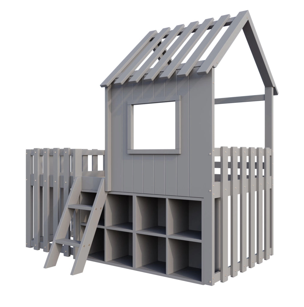 Letto a soppalco per bambini 90x200 cm con tetto e vani mobili grigio