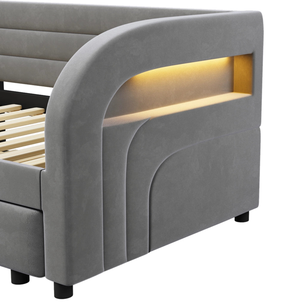 Letto imbottito 90x200 cm con letto estraibile e LED; grigio