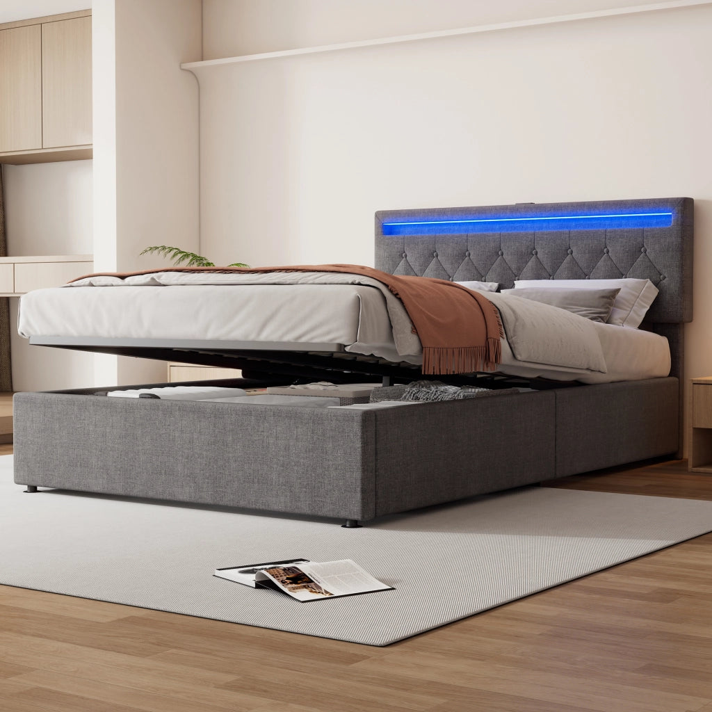 Letto contenitore 140 × 200 cm imbottito con sollevamento idraulico LED USB e USB-C in lino grigio