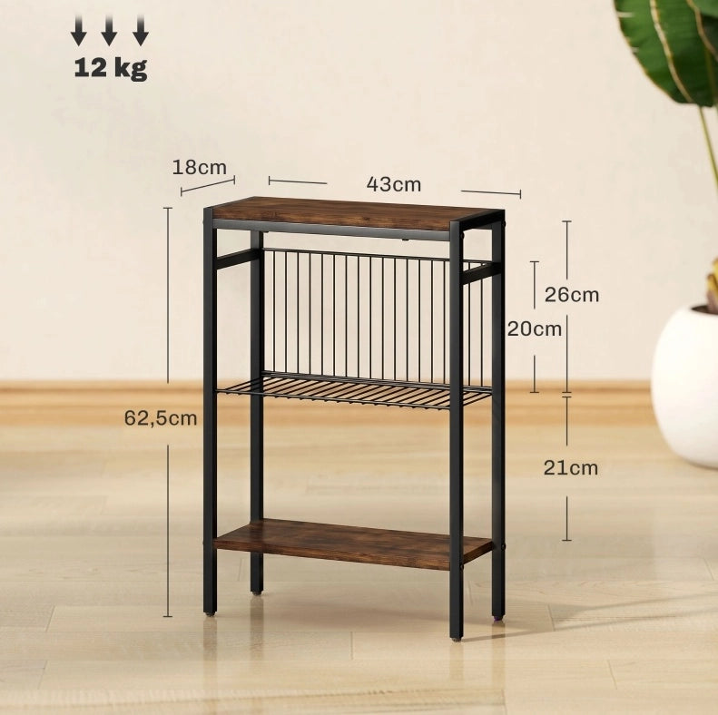 Tavolino Laterale con 3 Ripiani in Truciolato e Struttura in Metallo, Marrone Rustico, 43x18x62,5 cm