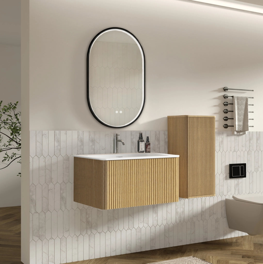 MOBILE BAGNO Set con lavabo, specchio LED e colonna color rovere