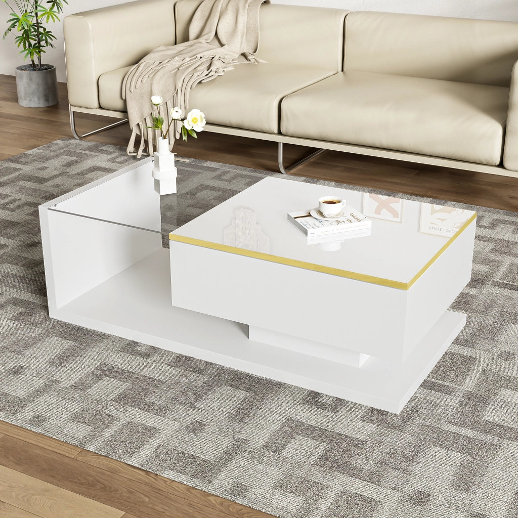 Tavolino basso fisso con vano contenitore e ripiani aperti vetro LED dimmerabile bianco 100 × 50 × 32.5 cm